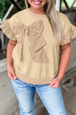 Plus Size Parchment Ruffled Short Sleeve Bowknot Applique Crew Neck  Top