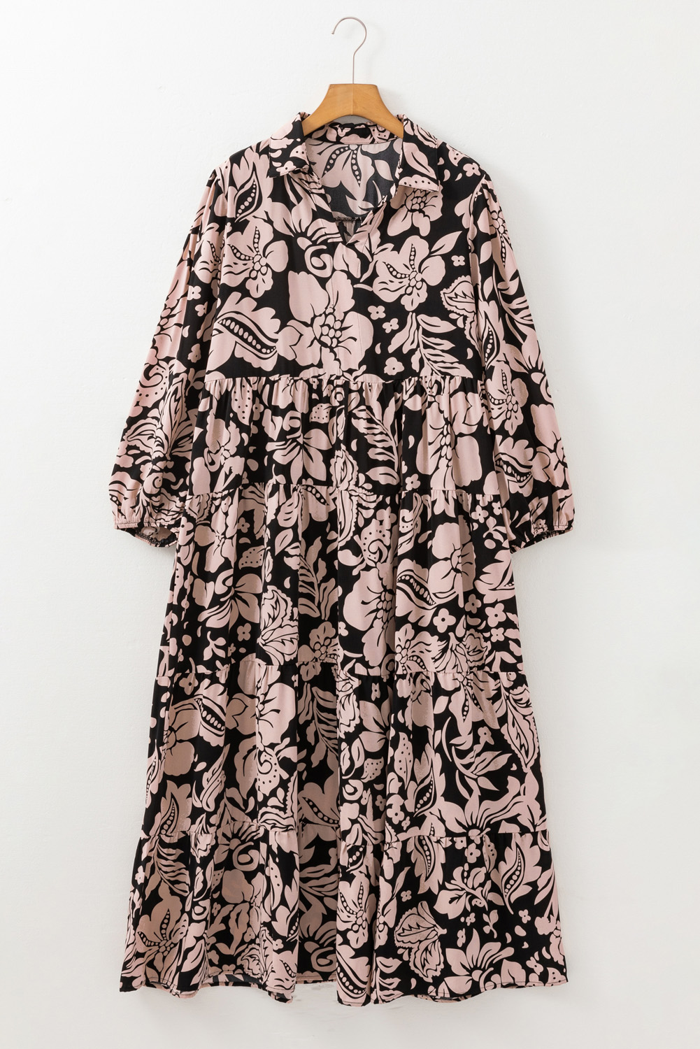 Plus Size Black  Floral Printed Puff Sleeve Collared Maxi Dress