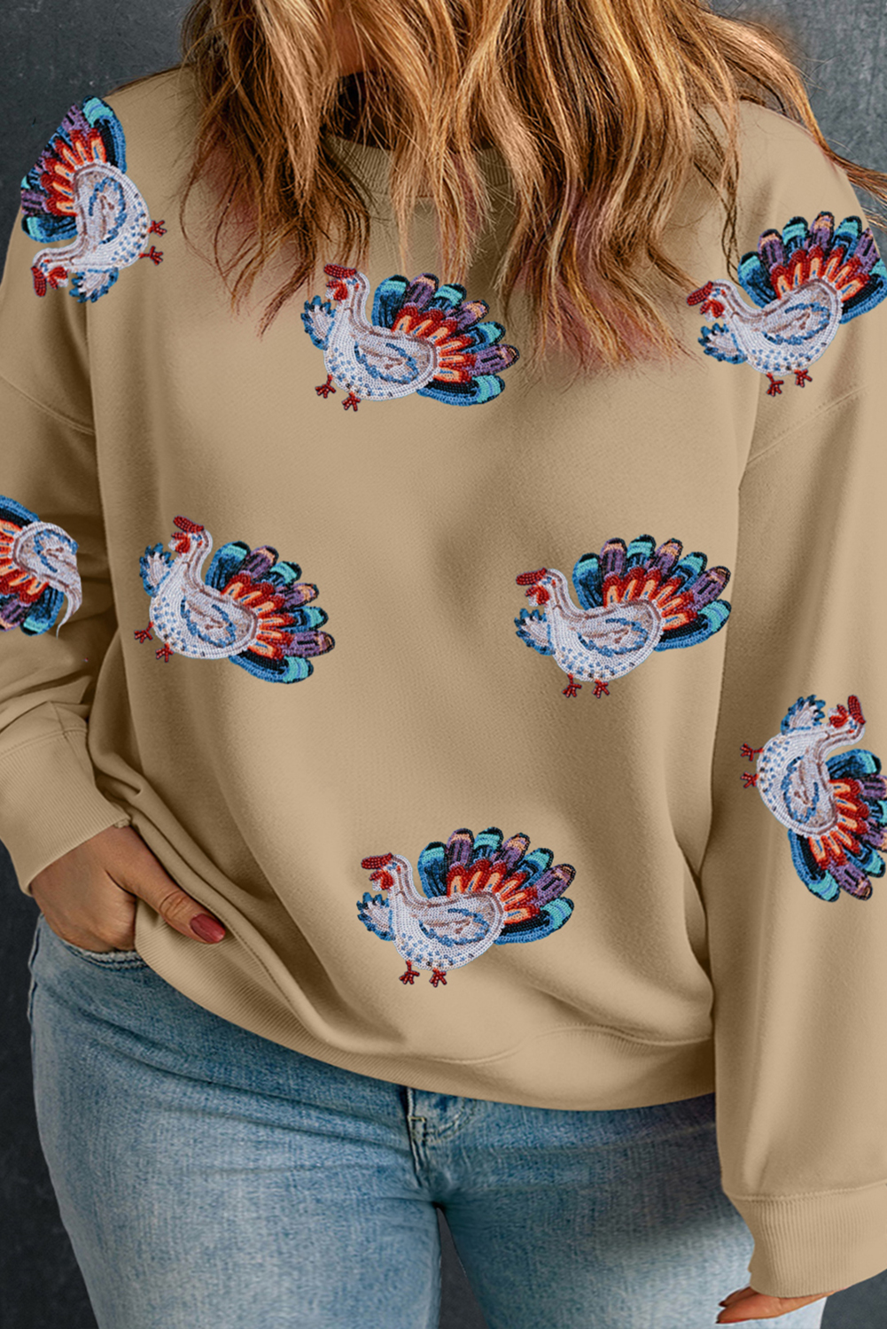Plus Size Apricot Thanksgiving Turkey Patched Graphic  Sweatshirt