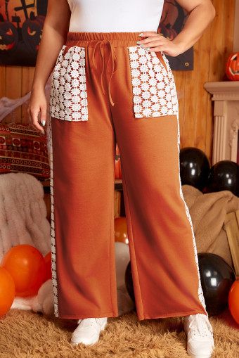 Plus Size Gold Flame  Floral Crochet Patch Drawstring Wide Leg Pants