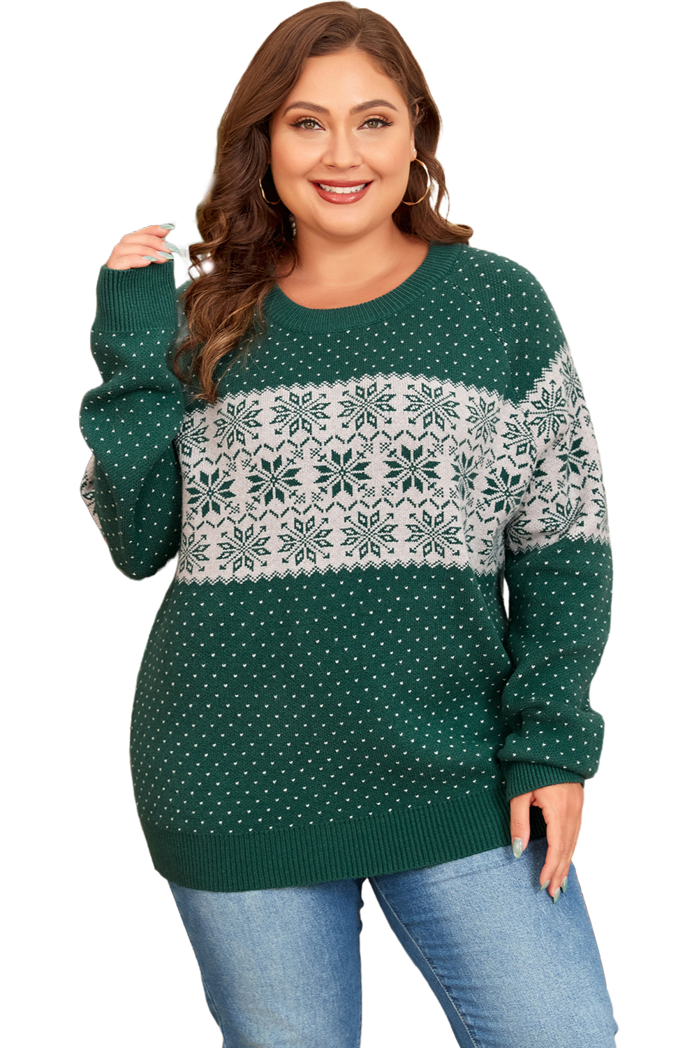 Plus Size Green Christmas Snowflake Pattern Drop Shoulder  Sweater