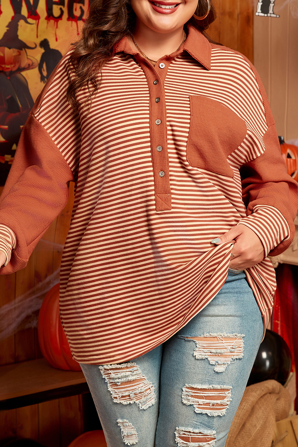 Plus Size Red Stripe Textured Patched Drop Shoulder Buttoned  Sweatshirt