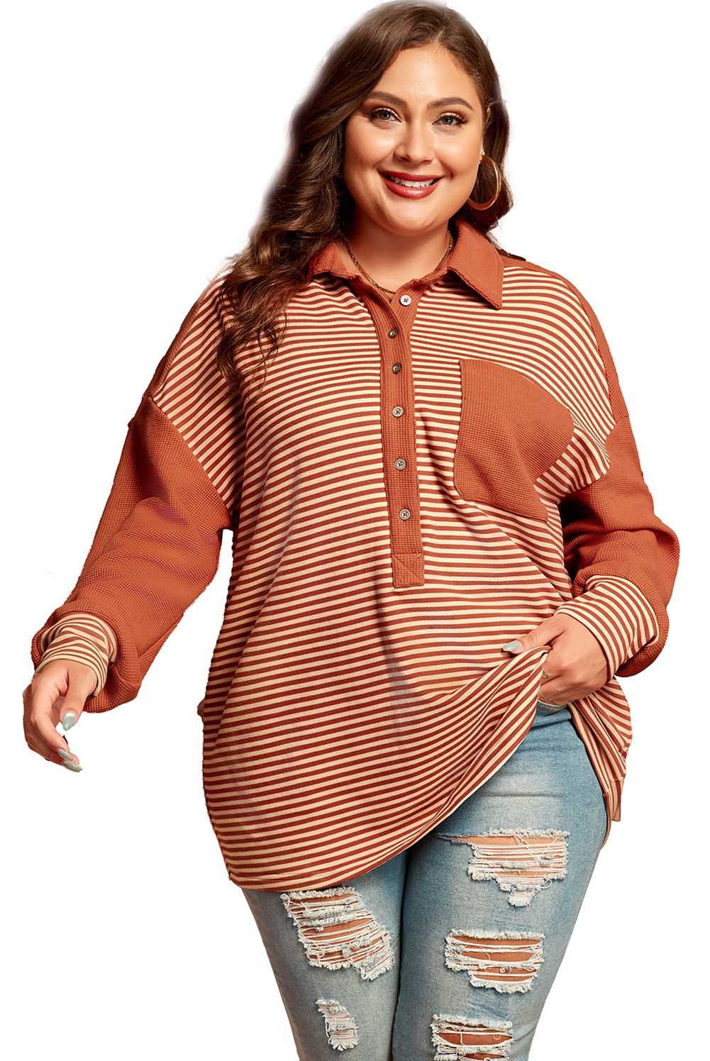 Plus Size Red Stripe Textured Patched Drop Shoulder Buttoned  Sweatshirt