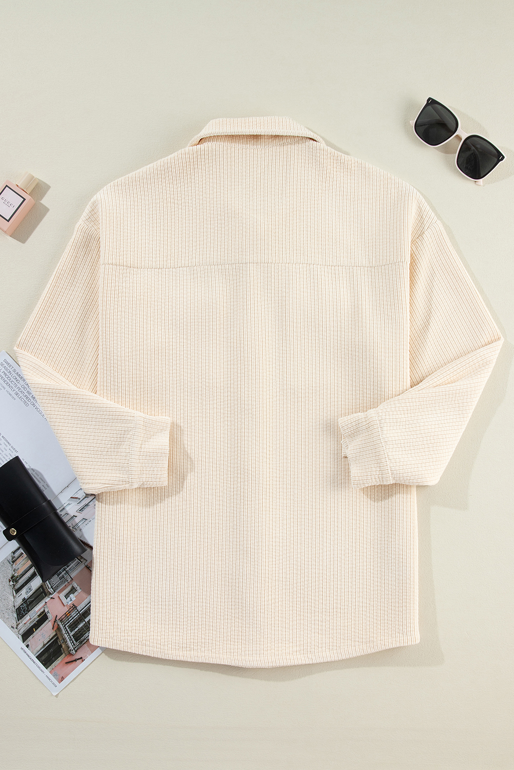 Plus Size Oatmeal Textured Flap Pockets Buttoned  Shacket