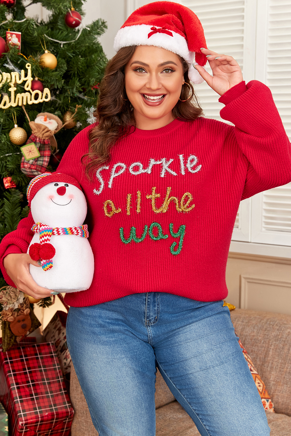 Plus Size Racing Red Sparkle All The Way Tinsel Crew Neck  Sweater