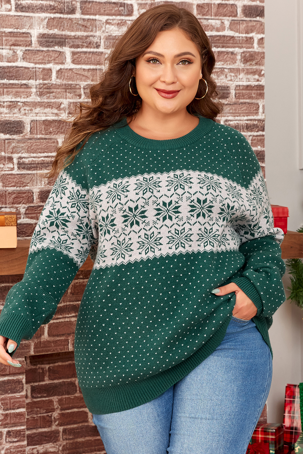 Plus Size Green Christmas Snowflake Pattern Drop Shoulder  Sweater