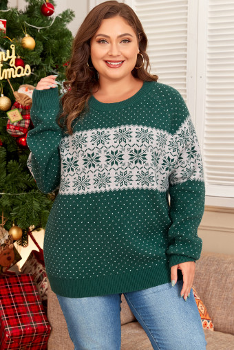 Plus Size Green Christmas Snowflake Pattern Drop Shoulder  Sweater