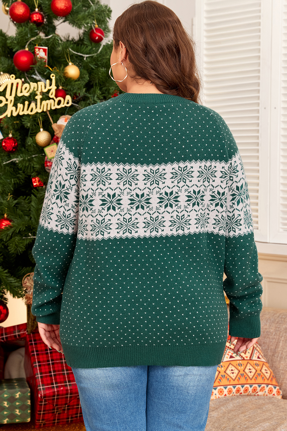 Plus Size Green Christmas Snowflake Pattern Drop Shoulder  Sweater