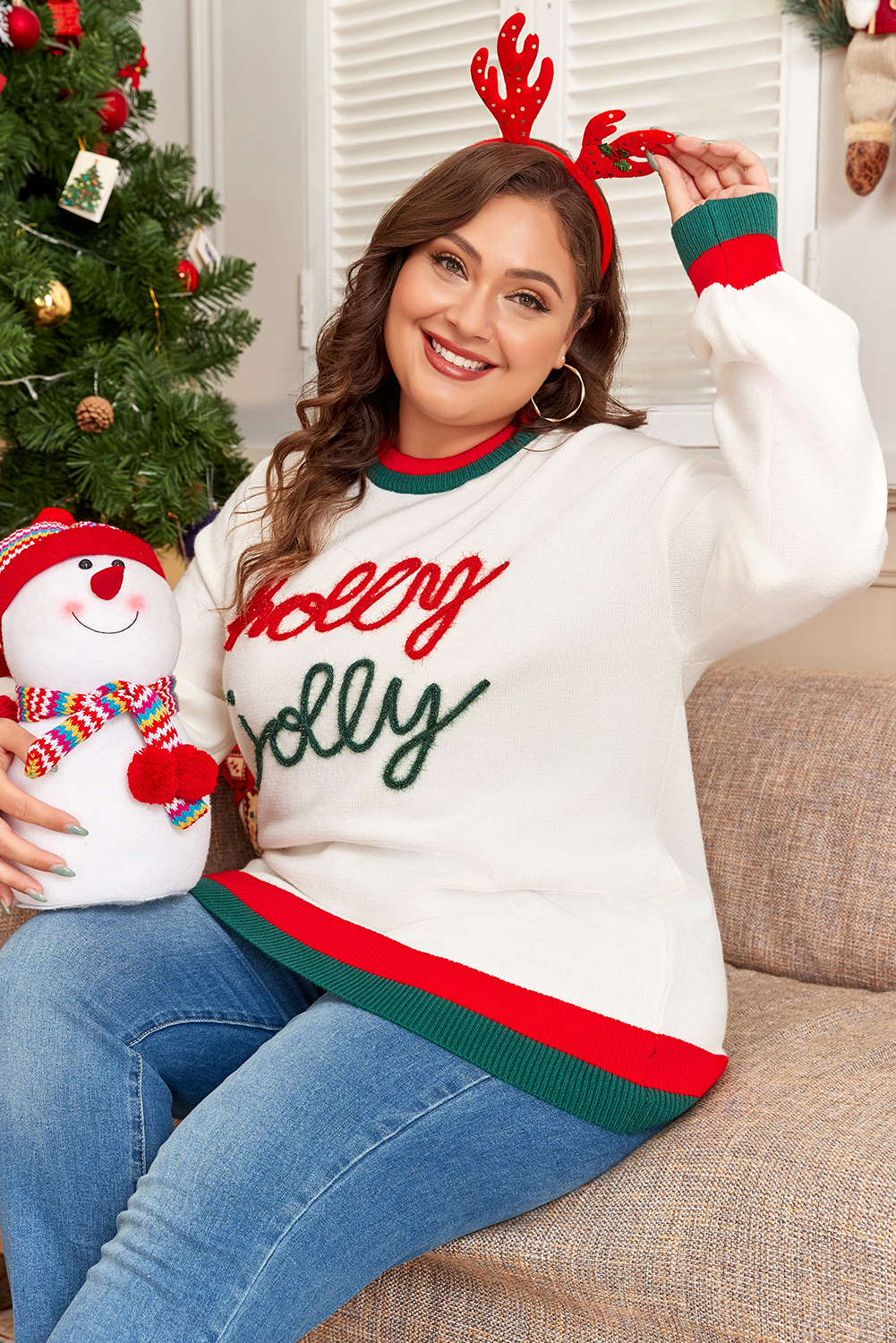 Plus Size White Tinsel holly jolly Pattern Colorblock Edge Drop Shoulder  Sweater