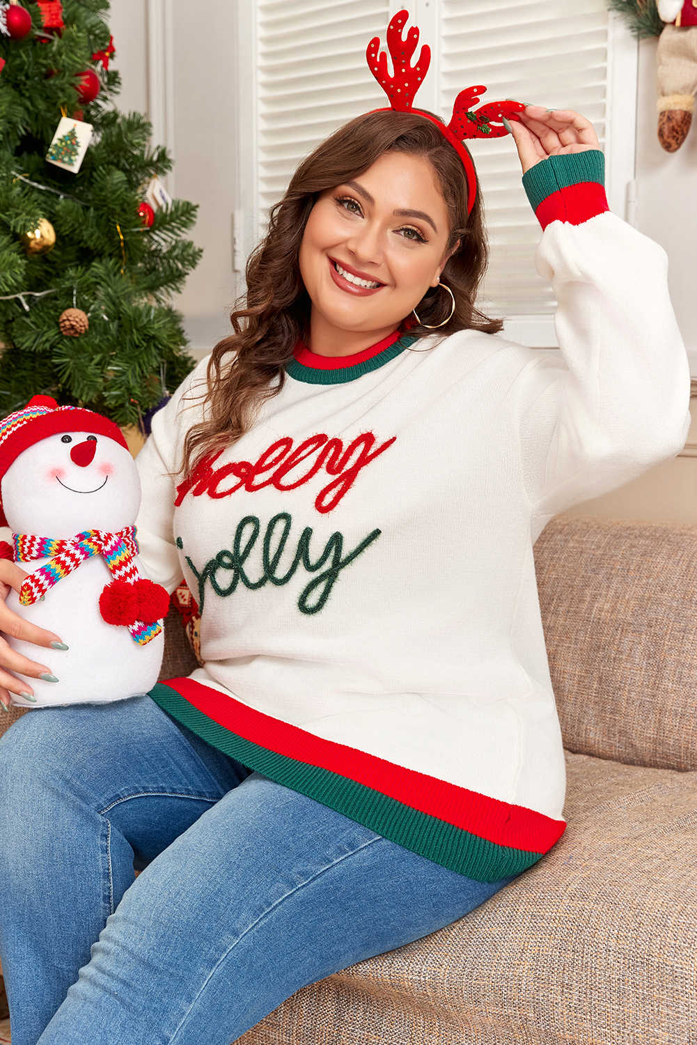 Plus Size White Tinsel holly jolly Pattern Colorblock Edge Drop Shoulder  Sweater