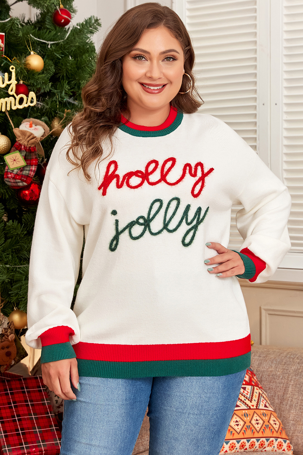 Plus Size White Tinsel holly jolly Pattern Colorblock Edge Drop Shoulder  Sweater