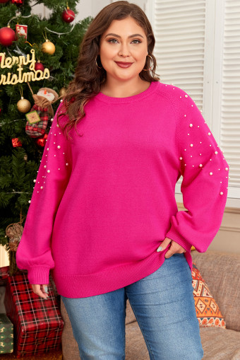 Plus Size Strawberry Pink Pearled Decor Raglan Sleeve  Sweater