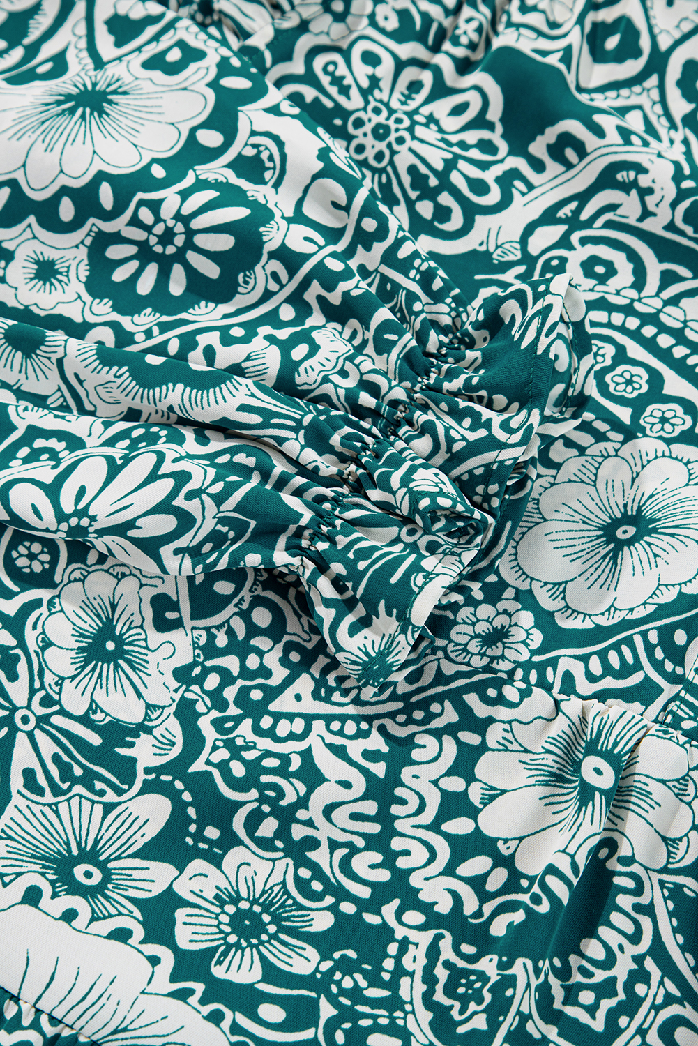 Plus Size Green Floral Flounce Sleeve Split Neck  Dress