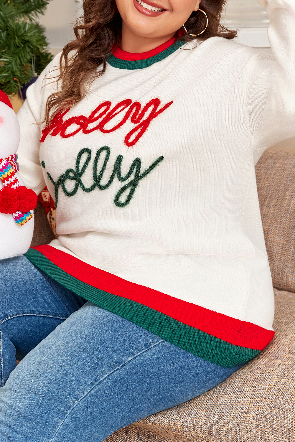 Plus Size White Tinsel holly jolly Pattern Colorblock Edge Drop Shoulder  Sweater