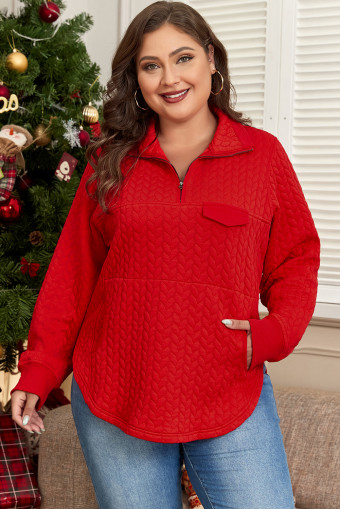 Plus Size Tomato Red Cable Textured Quarter Zip Pocketed  Pullover