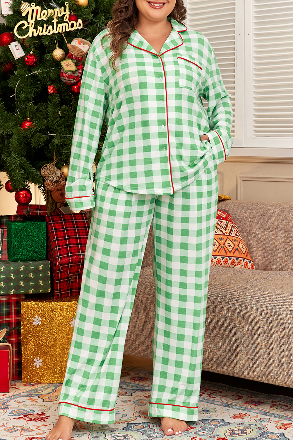 Plus Size Green Plaid Print Contrast Trim Long Sleeve  Pajama Set