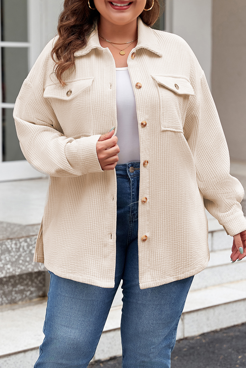 Plus Size Oatmeal Textured Flap Pockets Buttoned  Shacket