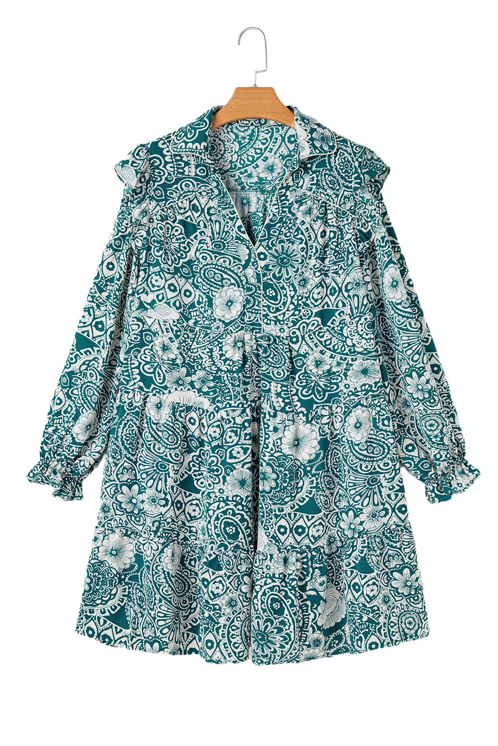 Plus Size Green Floral Flounce Sleeve Split Neck  Dress