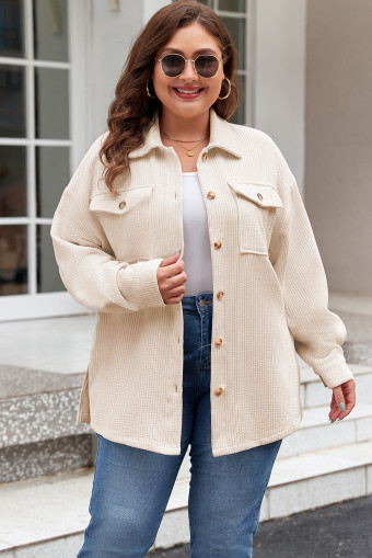 Plus Size Oatmeal Textured Flap Pockets Buttoned  Shacket
