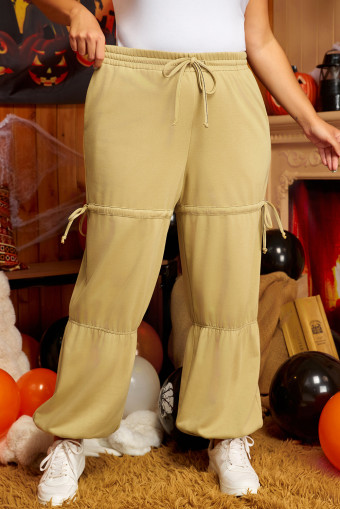 Plus Size Beige Drawstring Adjusted Band High Waist  Pants