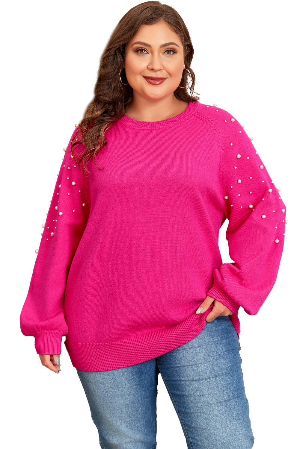 Plus Size Strawberry Pink Pearled Decor Raglan Sleeve  Sweater