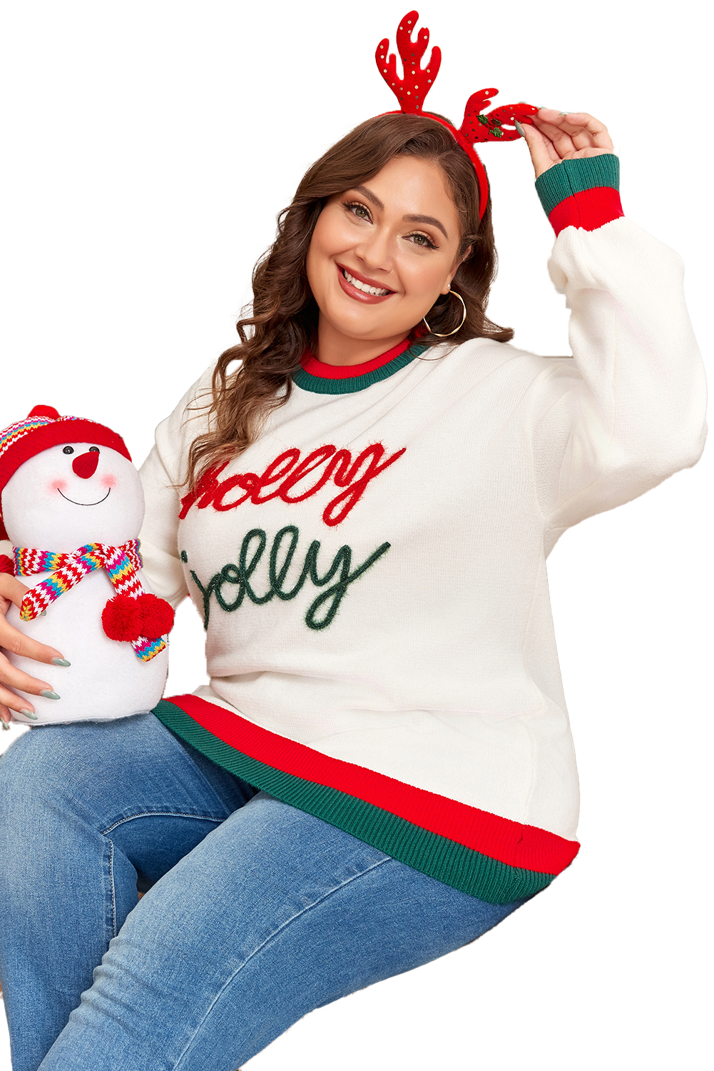 Plus Size White Tinsel holly jolly Pattern Colorblock Edge Drop Shoulder  Sweater