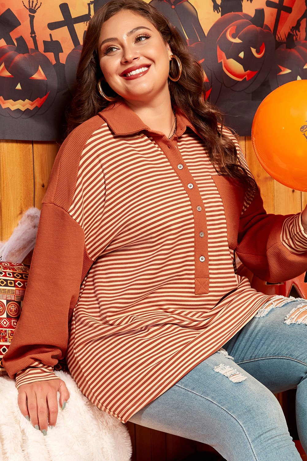 Plus Size Red Stripe Textured Patched Drop Shoulder Buttoned  Sweatshirt