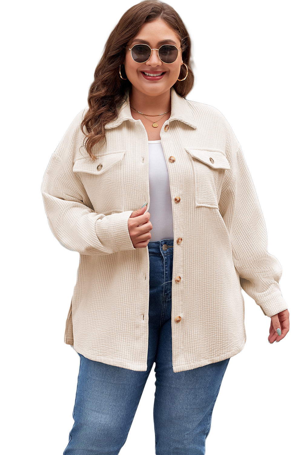 Plus Size Oatmeal Textured Flap Pockets Buttoned  Shacket