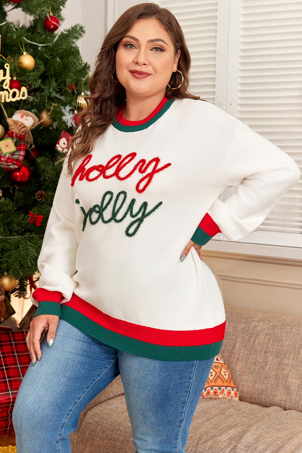 Plus Size White Tinsel holly jolly Pattern Colorblock Edge Drop Shoulder  Sweater