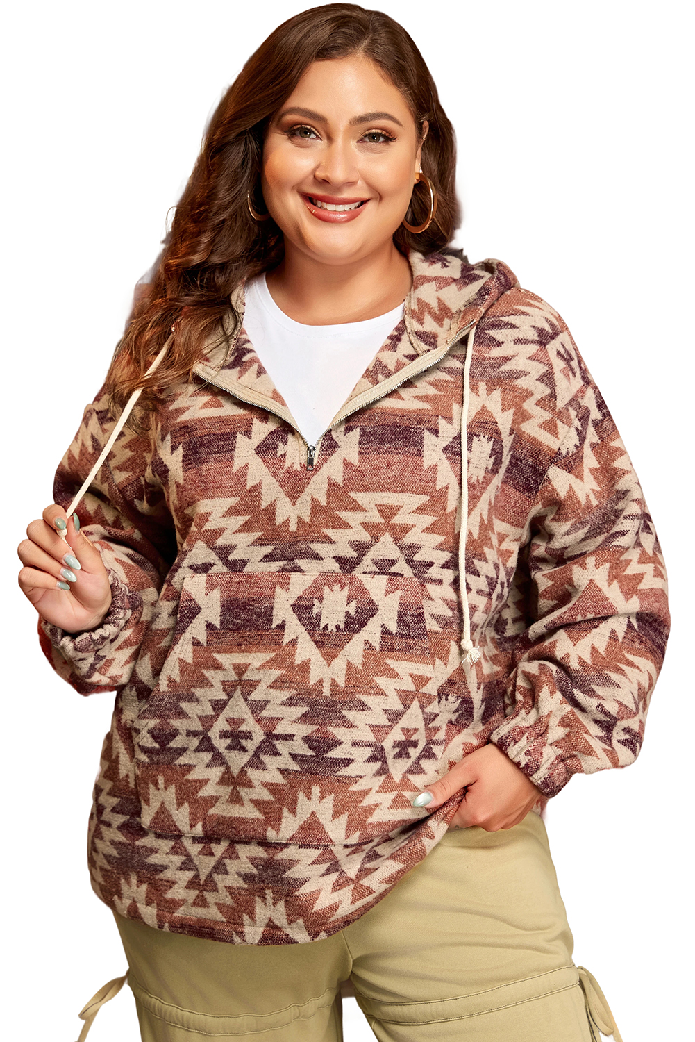 Plus Size Red  Western Fashion Aztec Patterned Half Zip High Neck Hoodie