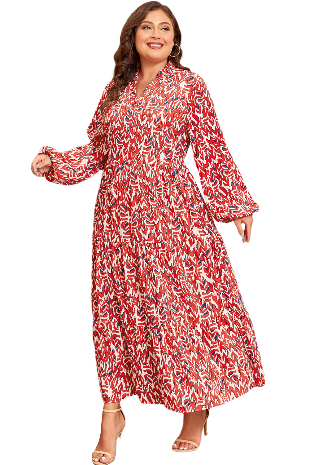 Plus Size Red  Abstract Print Notch V Neck High Waist Maxi Dress