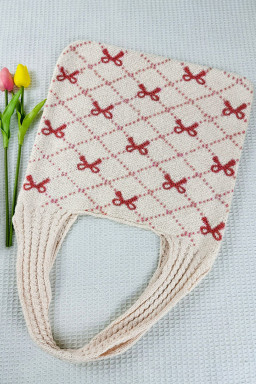 Fiery Red Bow Argyle Pattern Cable Knit Handle Tote Bag