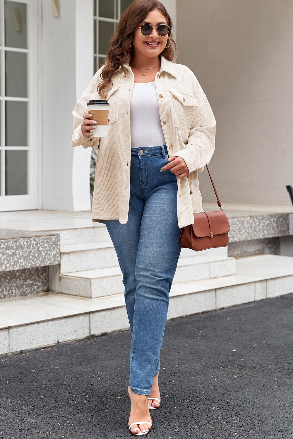 Plus Size Oatmeal Textured Flap Pockets Buttoned  Shacket