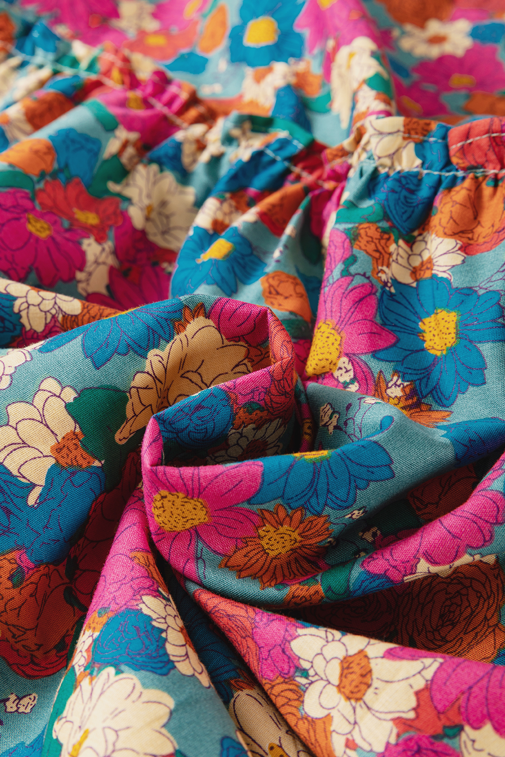 Plus Size Sky Blue  Floral Print Shirred Ruffle Tiered Mini Dress