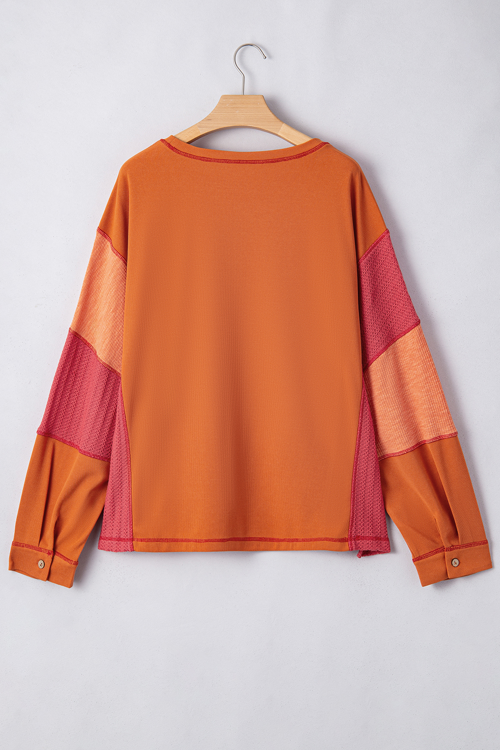 Plus Size Orange Textured Knit Color Block Patchwork Chest Pocket  Top
