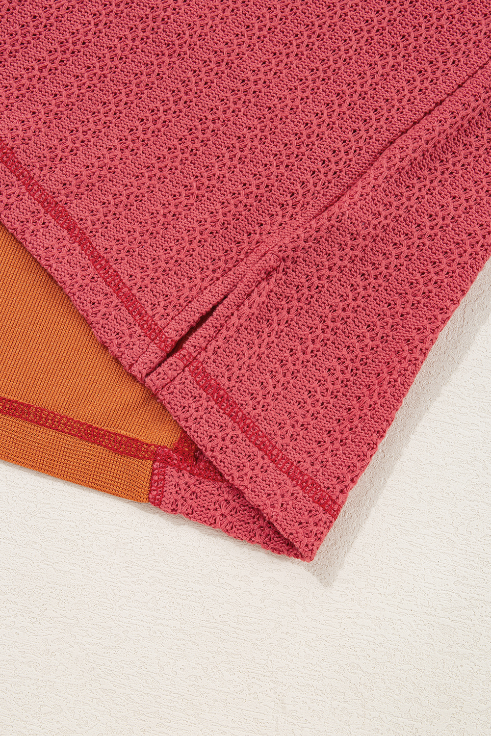 Plus Size Orange Textured Knit Color Block Patchwork Chest Pocket  Top