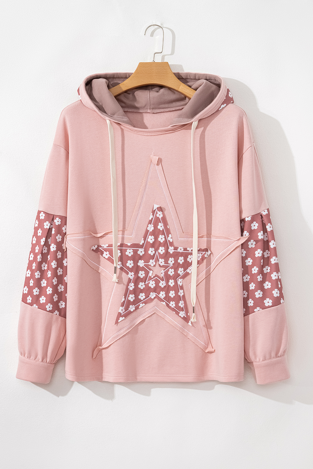 Plus Size Delicacy Star Patch Graphic Floral Color Block Drawstring  Hoodie