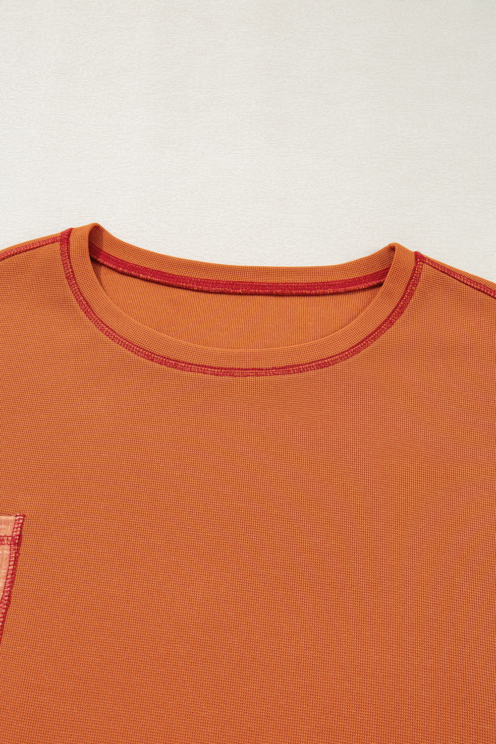 Plus Size Orange Textured Knit Color Block Patchwork Chest Pocket  Top