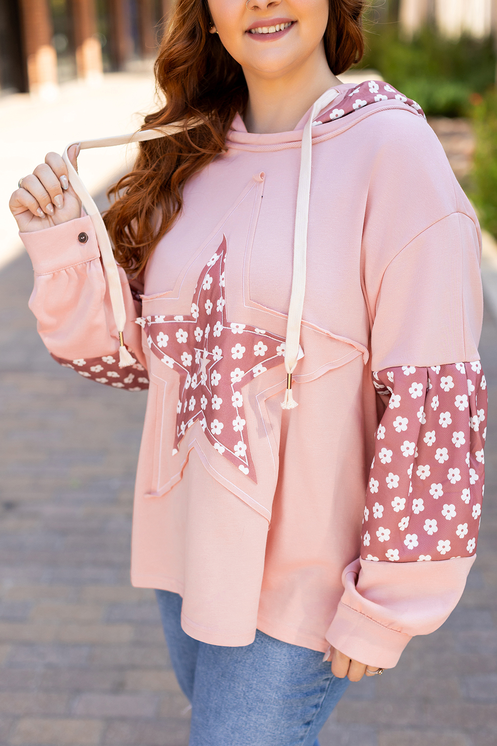 Plus Size Delicacy Star Patch Graphic Floral Color Block Drawstring  Hoodie