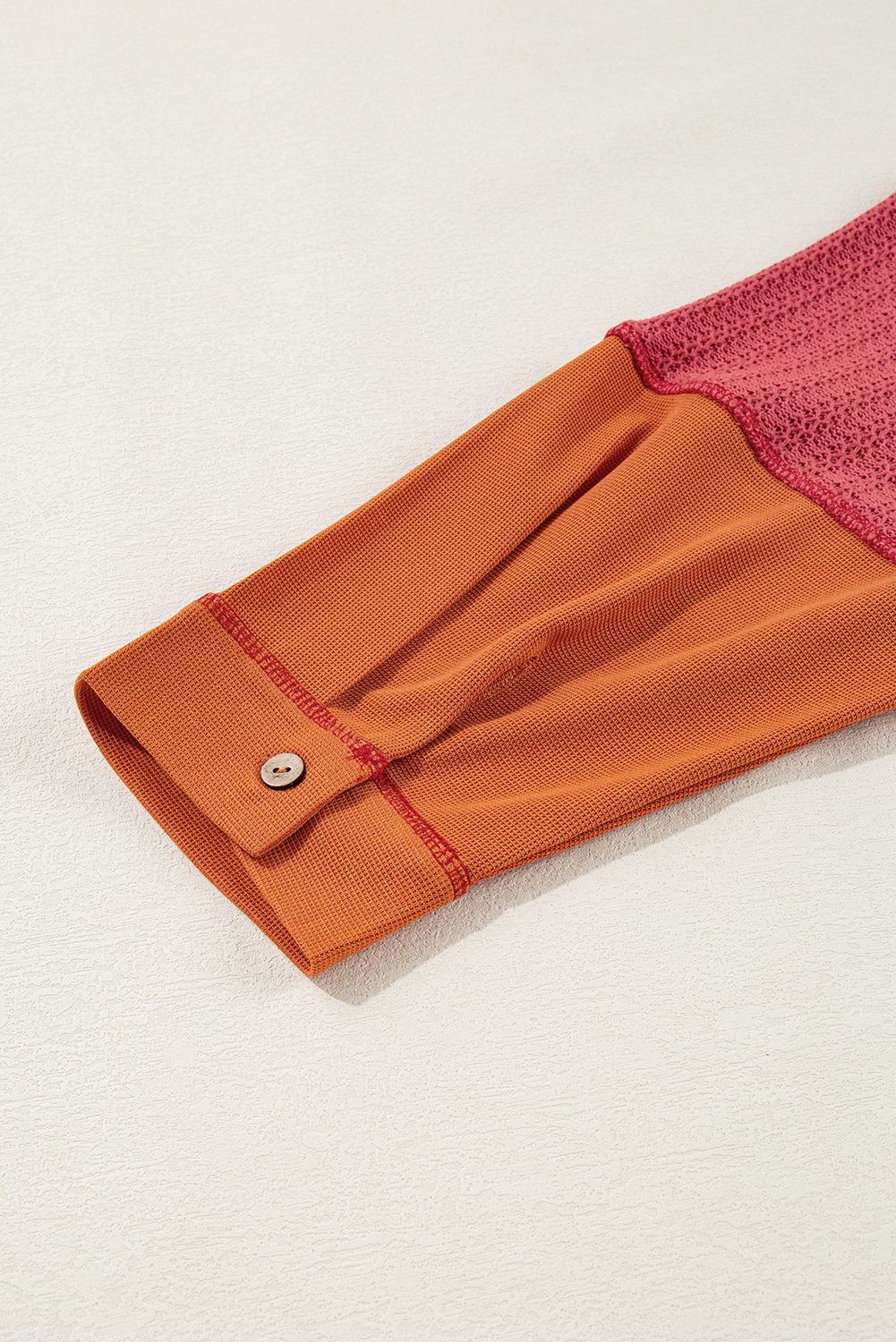 Plus Size Orange Textured Knit Color Block Patchwork Chest Pocket  Top