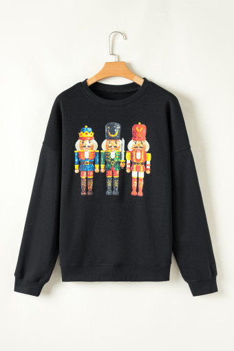 Plus Size Black  Sequin Nutcracker Round Neck Sweatshirt
