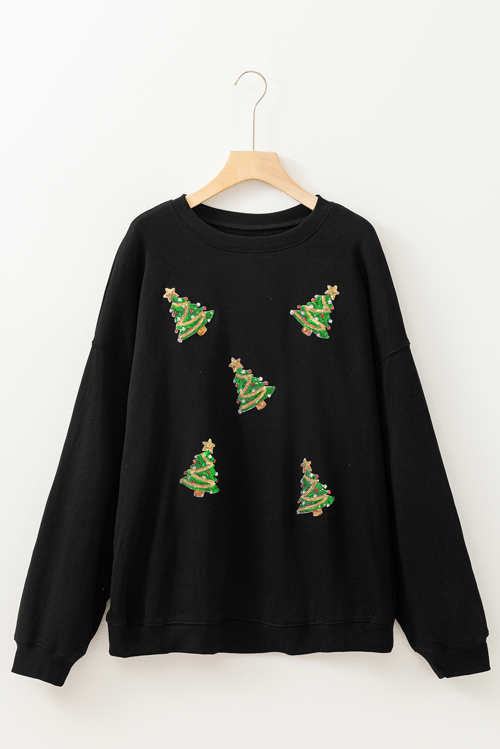 Plus Size Black Christmas Tree Pattern Drop Shoulder  Sweatshirt