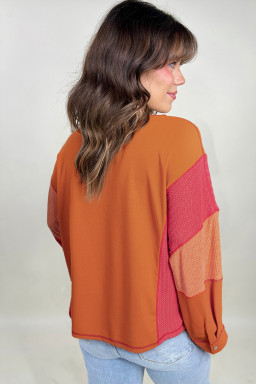 Plus Size Orange Textured Knit Color Block Patchwork Chest Pocket  Top