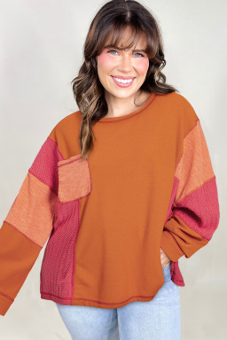 Plus Size Orange Textured Knit Color Block Patchwork Chest Pocket  Top