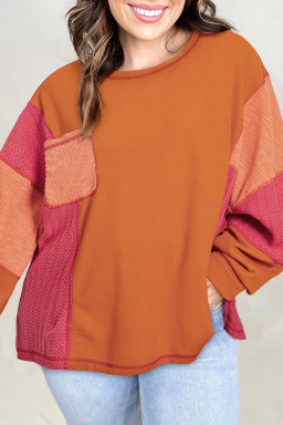 Plus Size Orange Textured Knit Color Block Patchwork Chest Pocket  Top