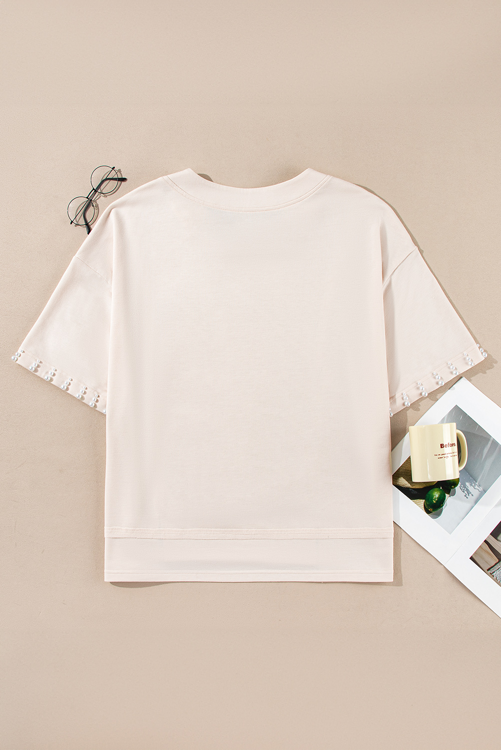 Plus Size Beige Pearl Decor Crew Neck Half Sleeve  T Shirt