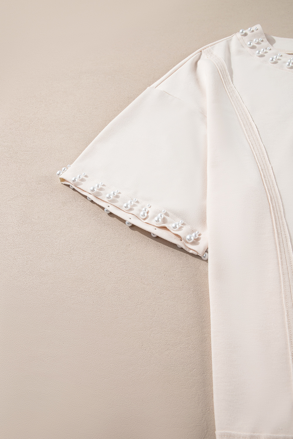 Plus Size Beige Pearl Decor Crew Neck Half Sleeve  T Shirt