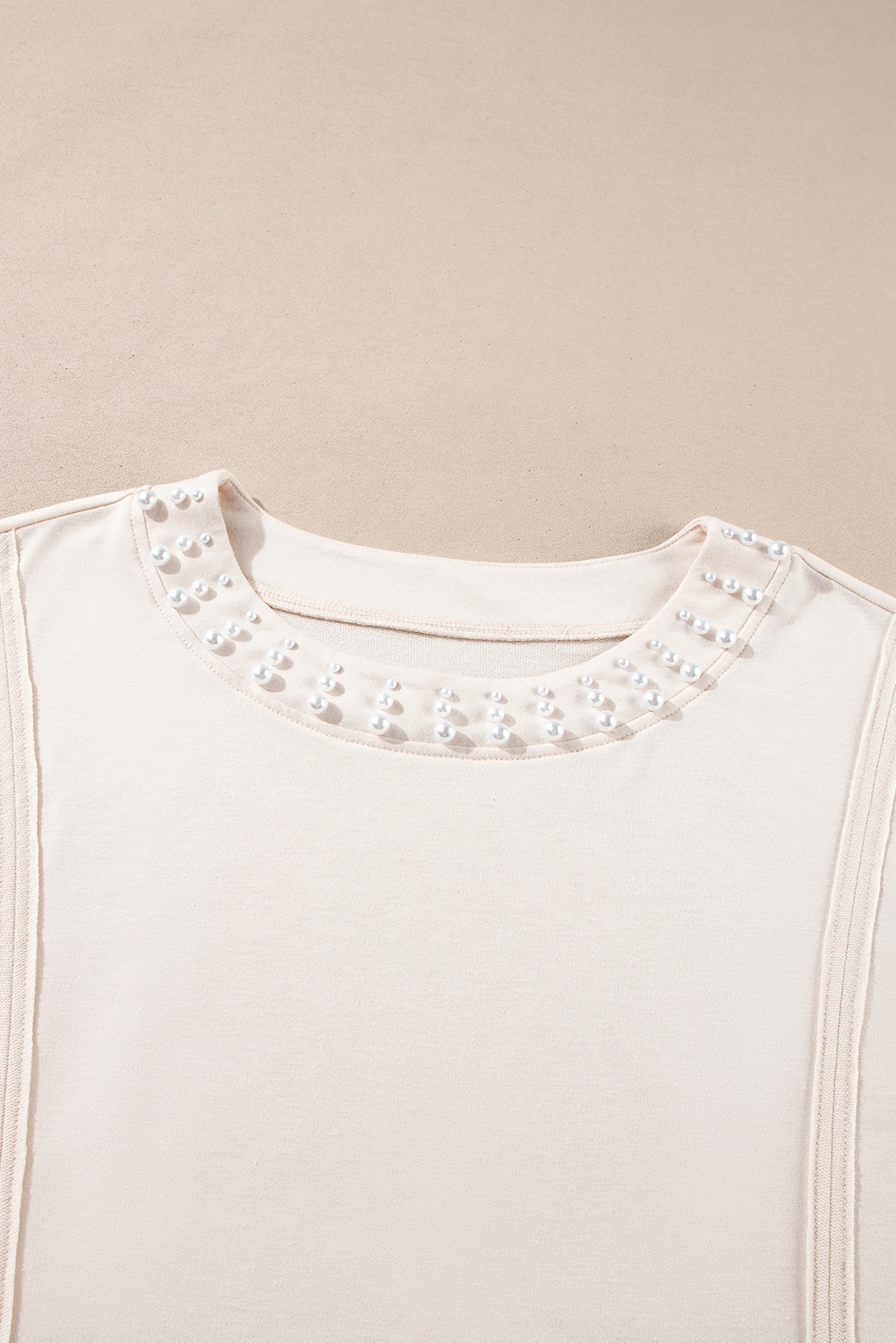 Plus Size Beige Pearl Decor Crew Neck Half Sleeve  T Shirt