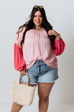 Plus Size Pink Contrast Floral Patchwork Long Sleeve  Blouse