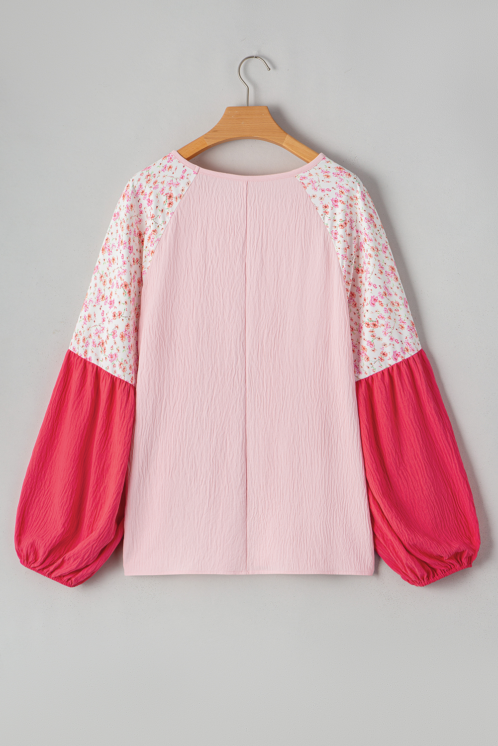 Plus Size Pink Contrast Floral Patchwork Long Sleeve  Blouse